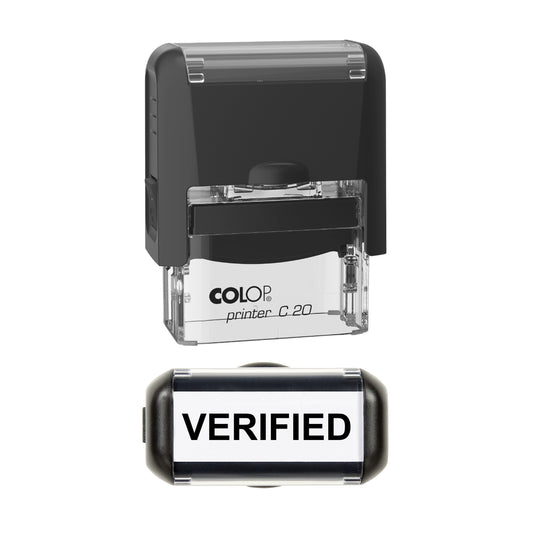 Stamp showing the Verified design, 37 x 12mm COLOP C20 self-inking stamp, black ink