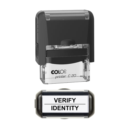 Stamp showing the Verify Identity design, 37 x 12mm COLOP C20 self-inking stamp, black ink