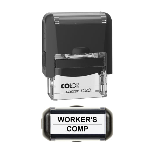 Stamp showing the Workers Compensation design, 37 x 12mm COLOP C20 self-inking stamp, black ink