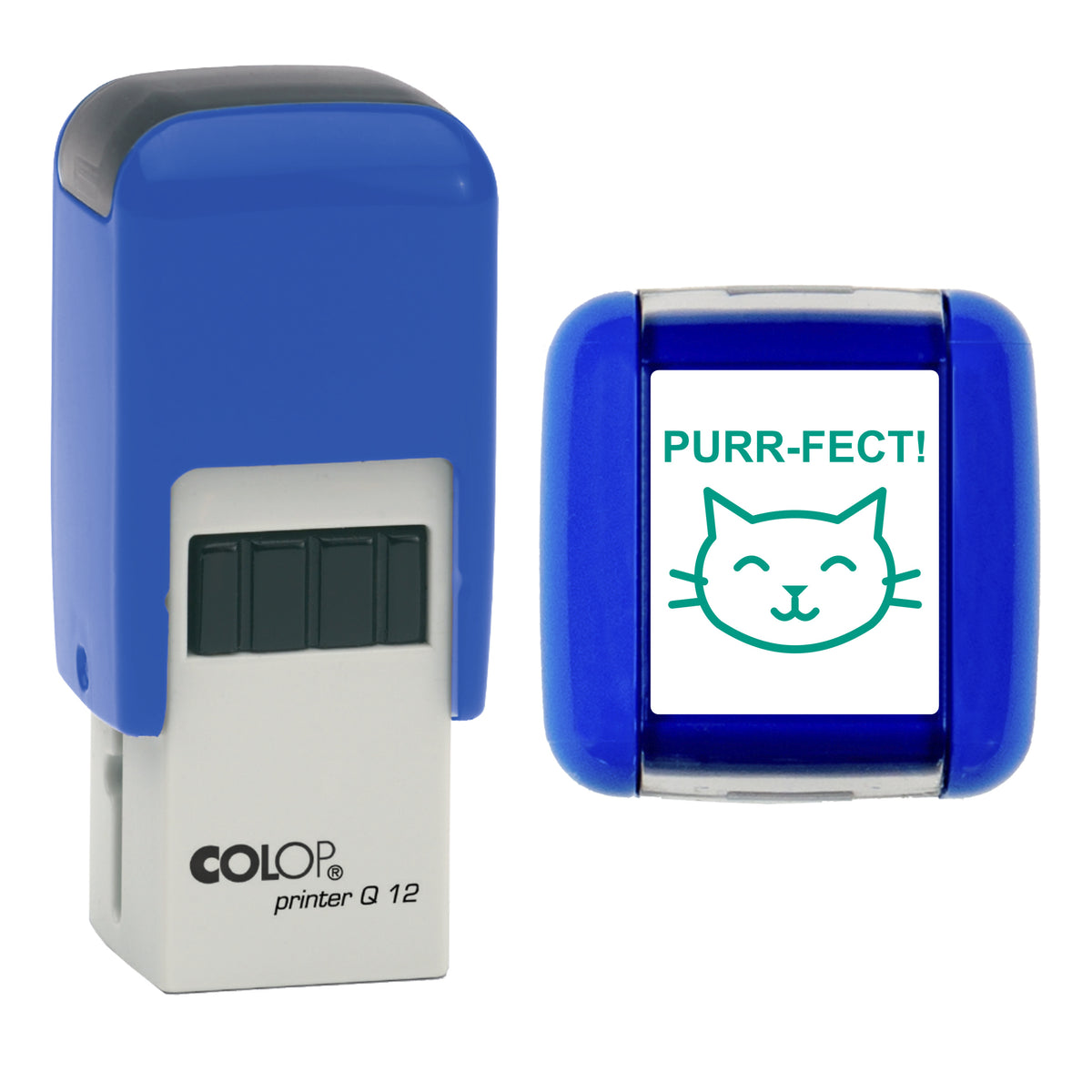 Purr-Fect Cat Teacher Stamp, COLOP Q12, 12 x 12mm, green ink