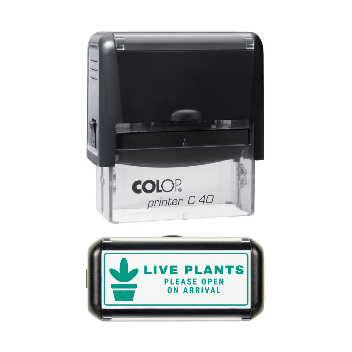 Live Plants Open On Arrival Stamp, COLOP C40, 58 x 22mm, green ink