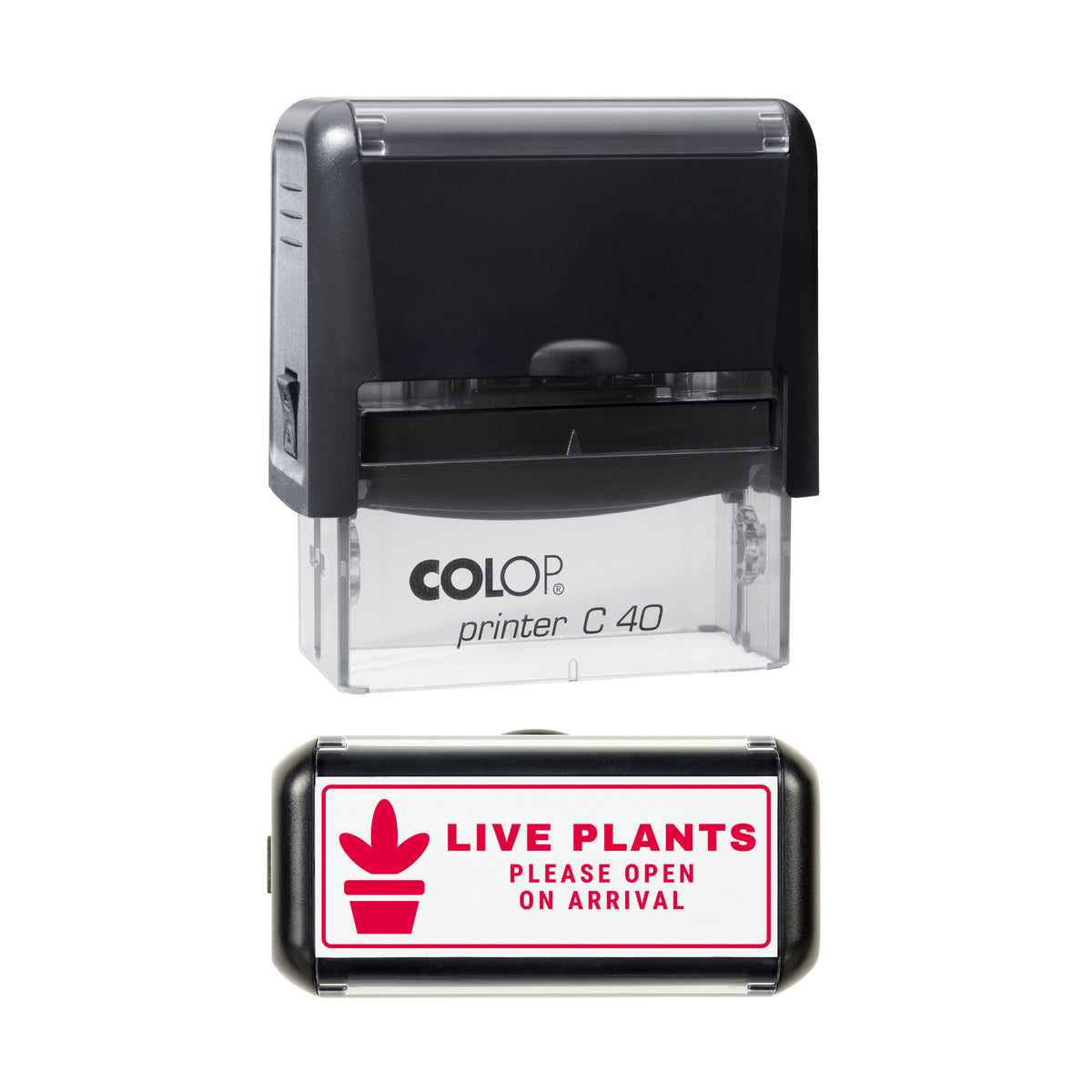 Live Plants Open On Arrival Stamp, COLOP C40, 58 x 22mm, red ink