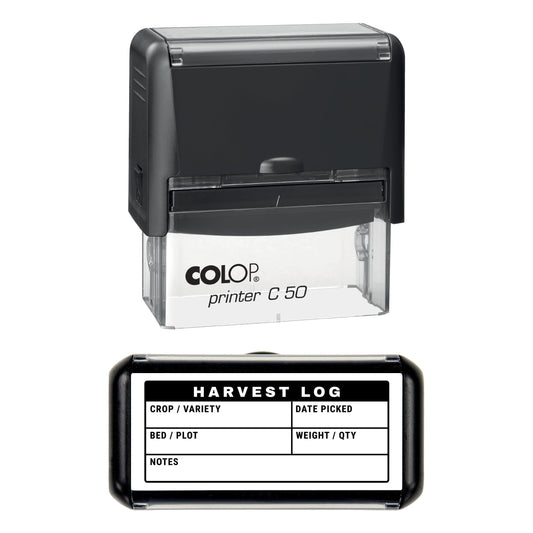 Stamp reading HARVEST LOG with crop, date picked, bed, weight and notes boxes, 70 x 30mm COLOP C50 self-inking stamp, black ink