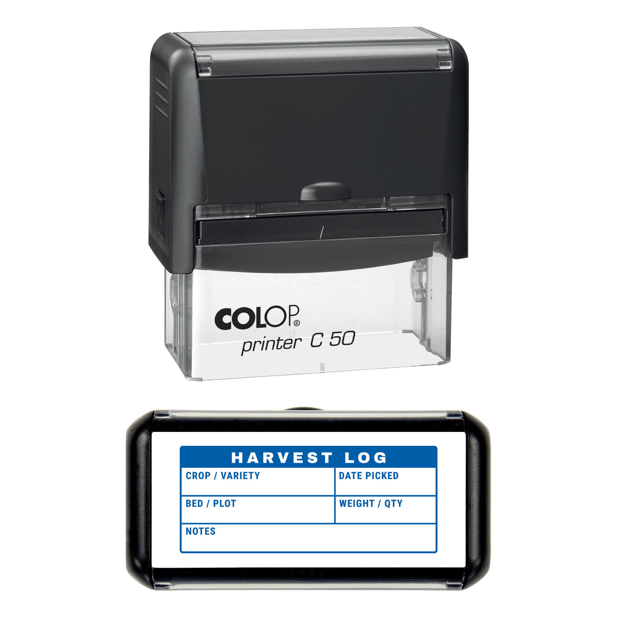 Harvest Log Stamp, COLOP C50, 70 x 30mm, blue ink
