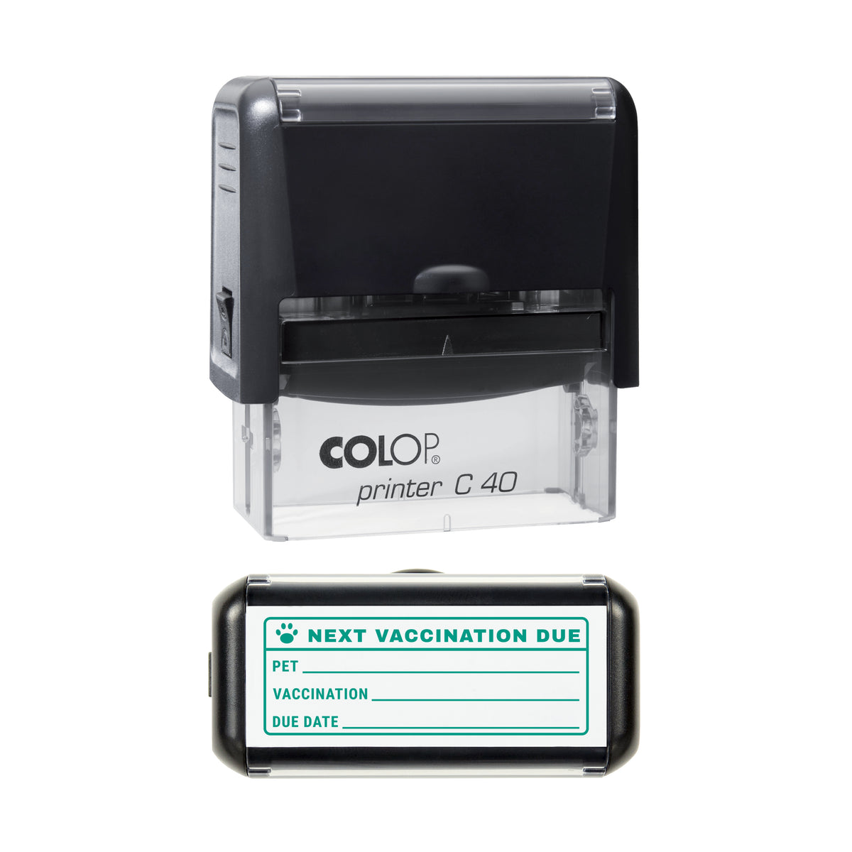 Next Vaccination Due Stamp, COLOP C40, 58 x 22mm, green ink