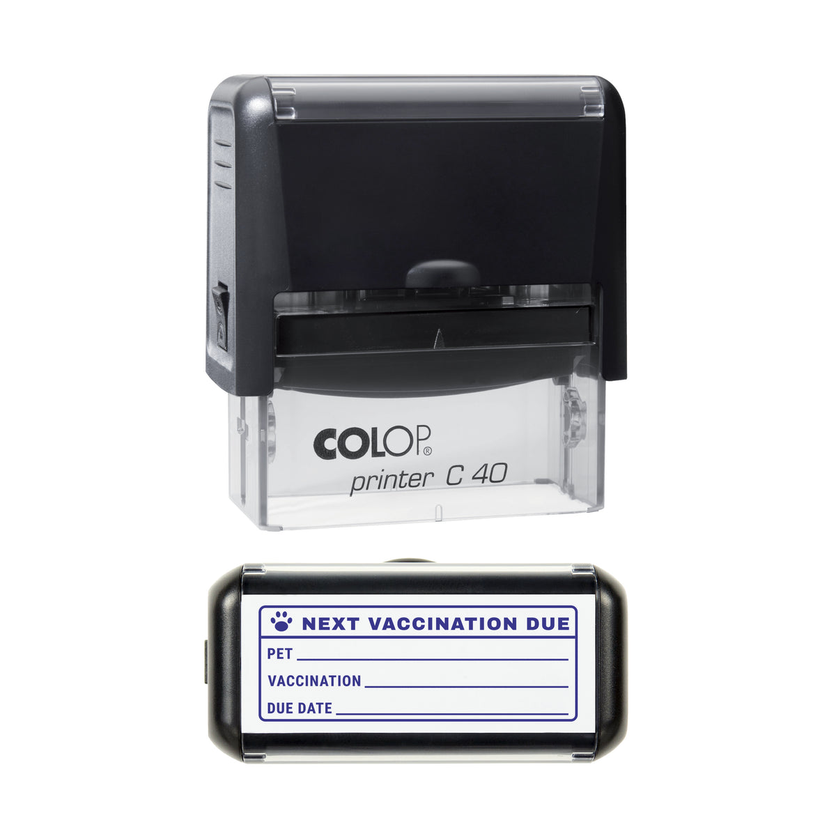 Next Vaccination Due Stamp, COLOP C40, 58 x 22mm, violet ink