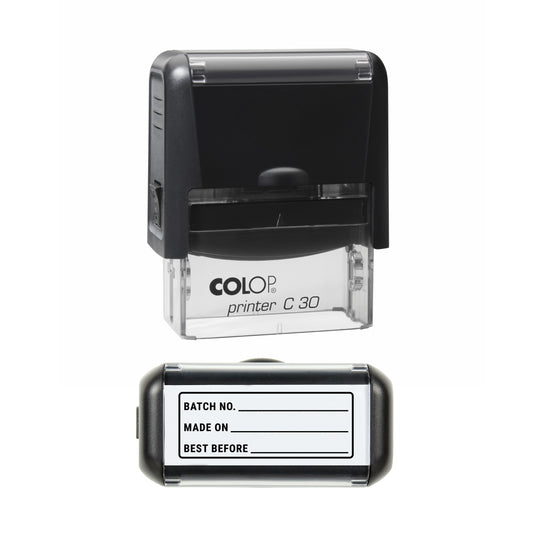 Stamp reading BATCH NO., MADE ON and BEST BEFORE lines, 45 x 18mm COLOP C30 self-inking stamp, black ink