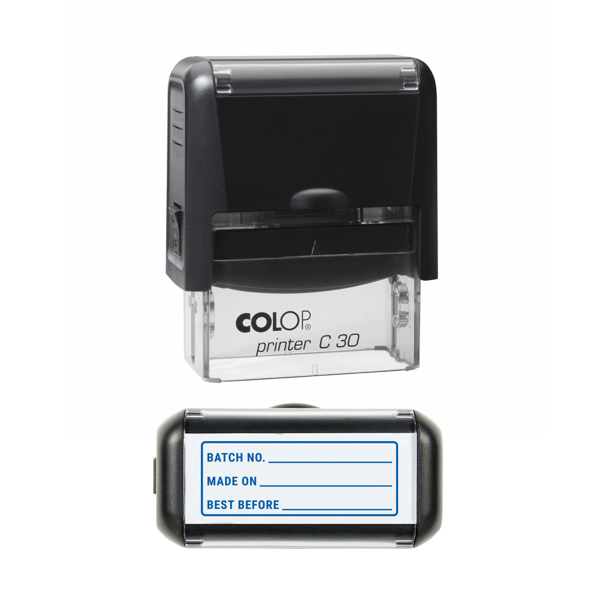 Batch Made On and Best Before Stamp, COLOP C30, 45 x 18mm, blue ink