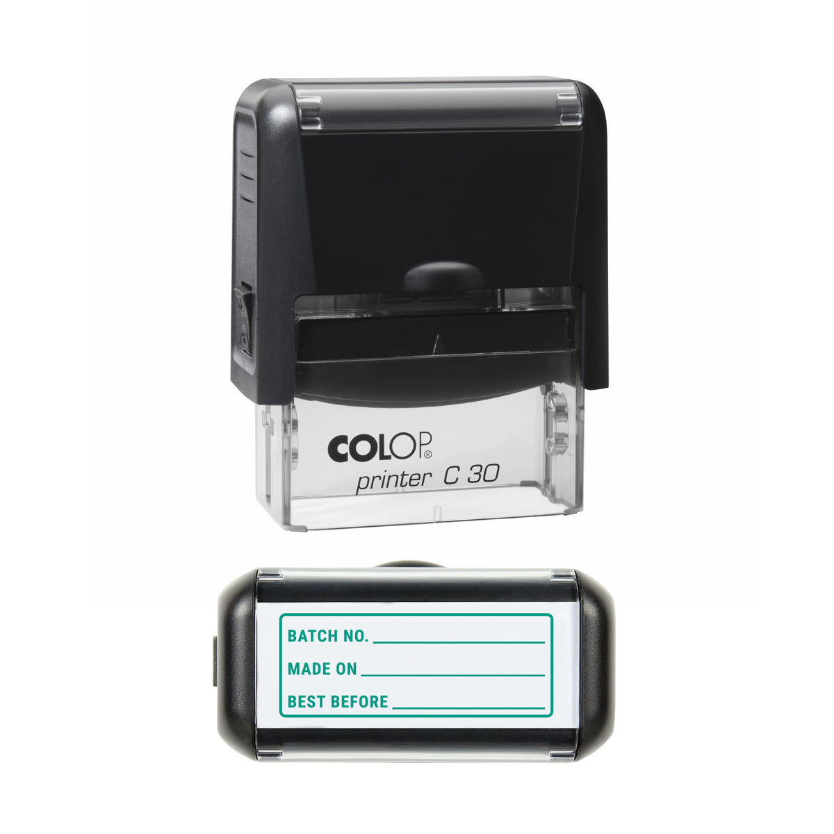 Batch Made On and Best Before Stamp, COLOP C30, 45 x 18mm, green ink