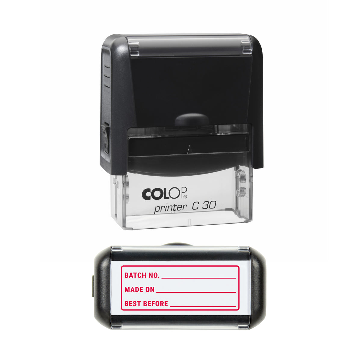 Batch Made On and Best Before Stamp, COLOP C30, 45 x 18mm, red ink
