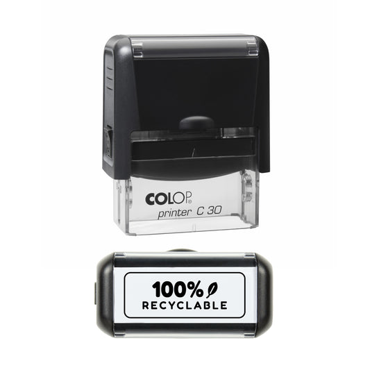 Stamp reading 100% RECYCLABLE with leaf, 45 x 18mm COLOP C30 self-inking stamp, black ink