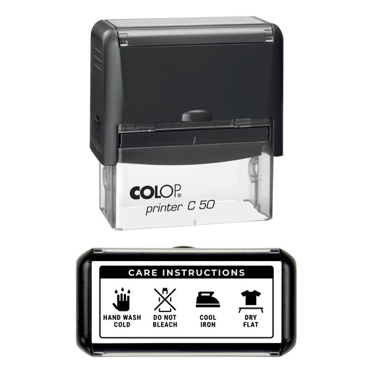 Stamp reading CARE INSTRUCTIONS with hand wash cold, do not bleach, cool iron and dry flat symbols, 70 x 30mm COLOP C50 self-inking stamp, black ink