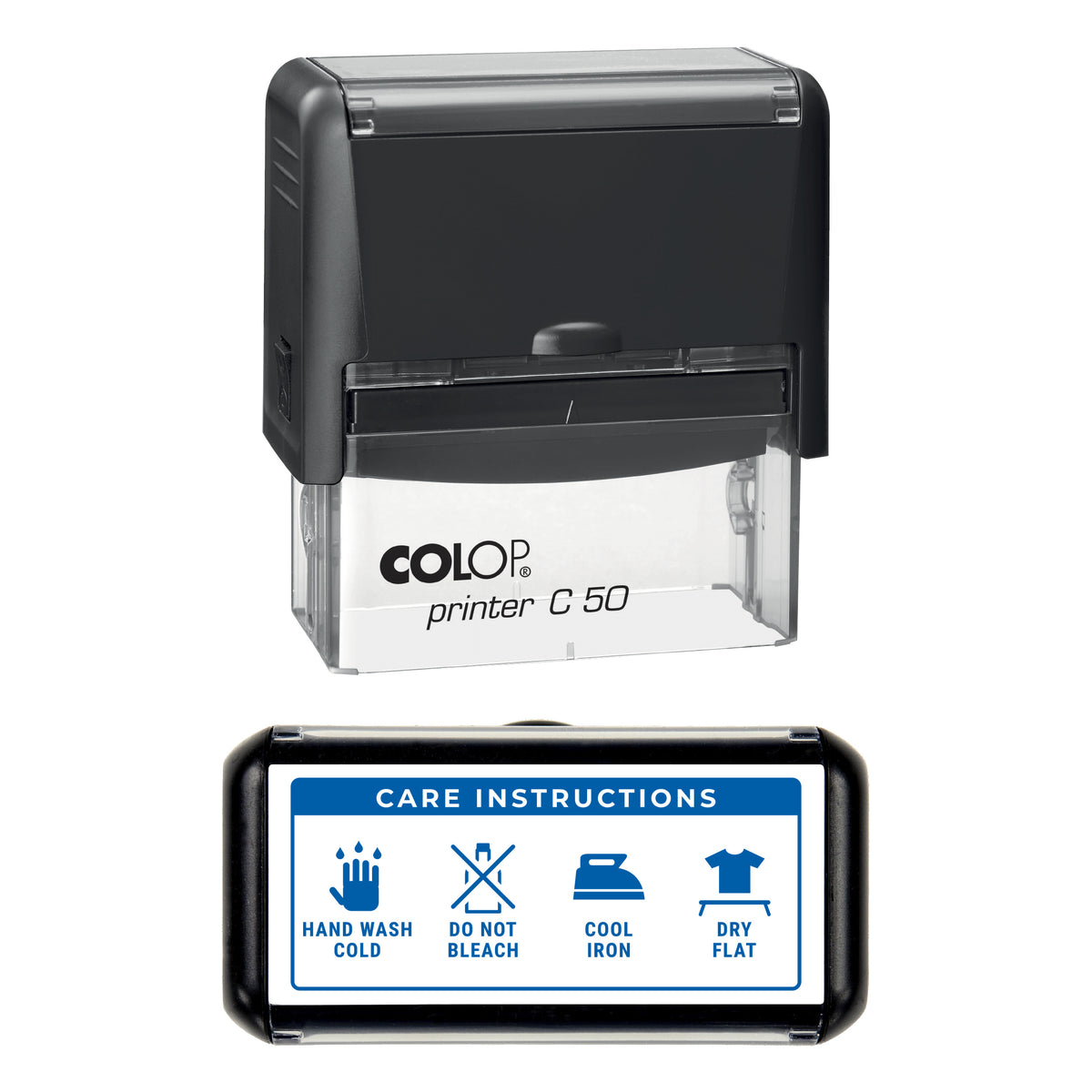 Care Instructions Stamp, COLOP C50, 70 x 30mm, blue ink