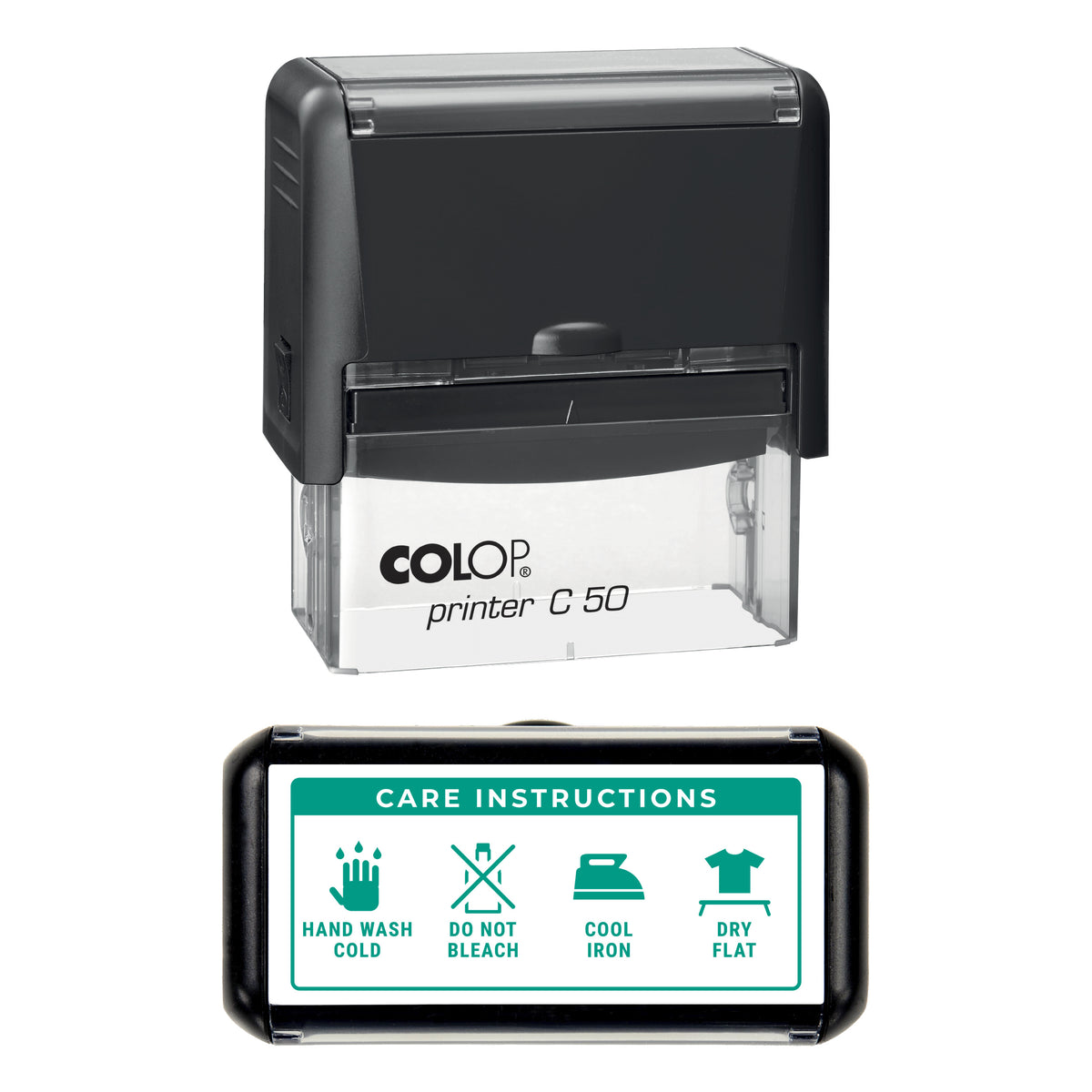 Care Instructions Stamp, COLOP C50, 70 x 30mm, green ink