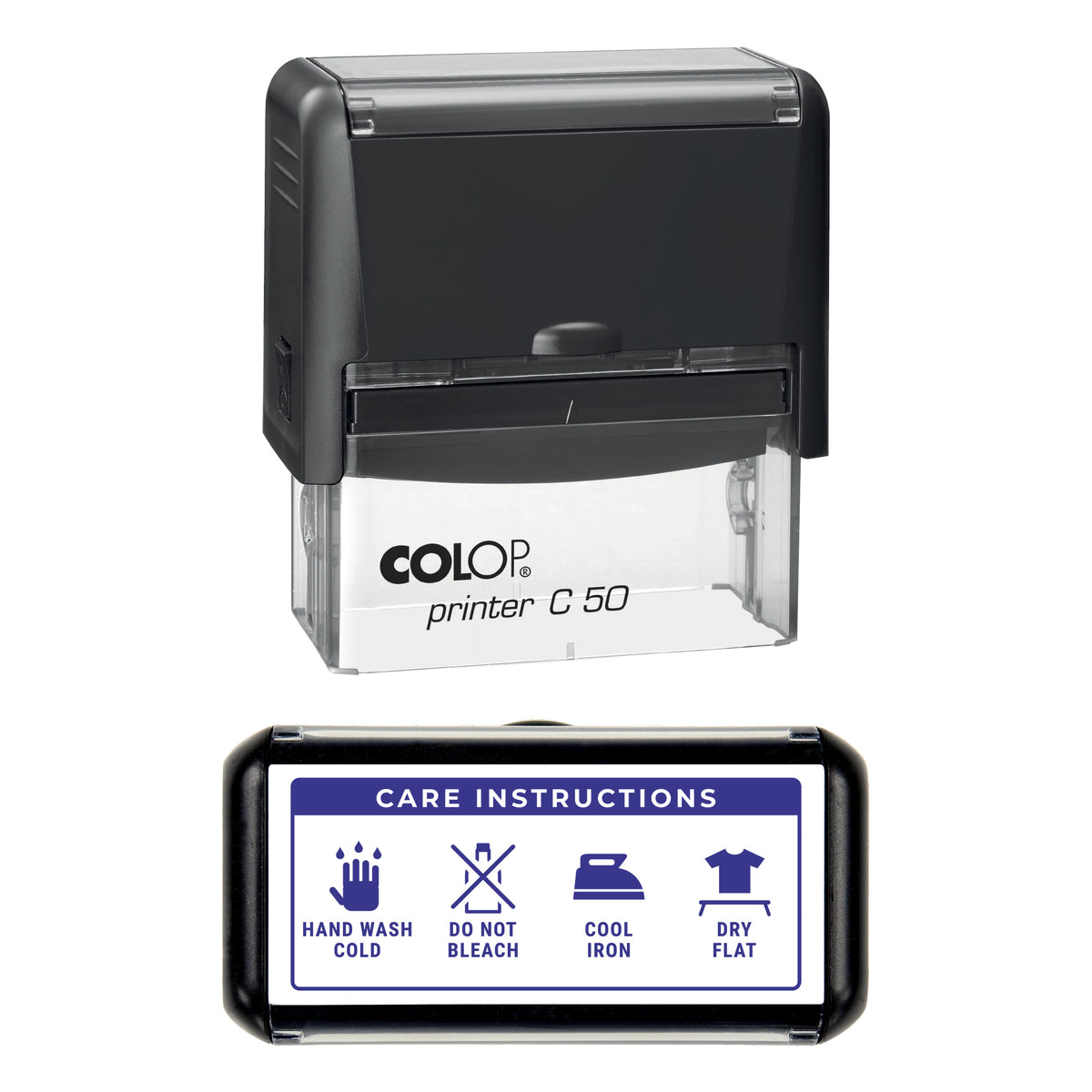 Care Instructions Stamp, COLOP C50, 70 x 30mm, violet ink