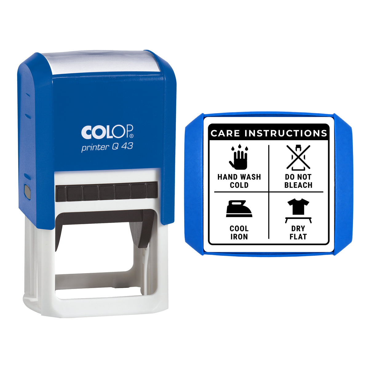 Care Instructions Stamp, COLOP Q43, 43 x 43mm, black ink