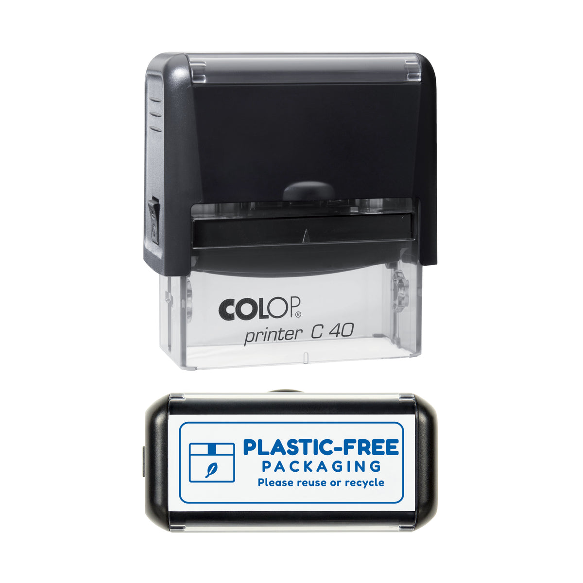 Plastic-Free Packaging Stamp, COLOP C40, 58 x 22mm, blue ink