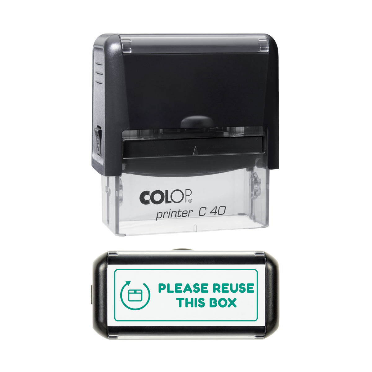 Please Reuse This Box Stamp, COLOP C40, 58 x 22mm, green ink