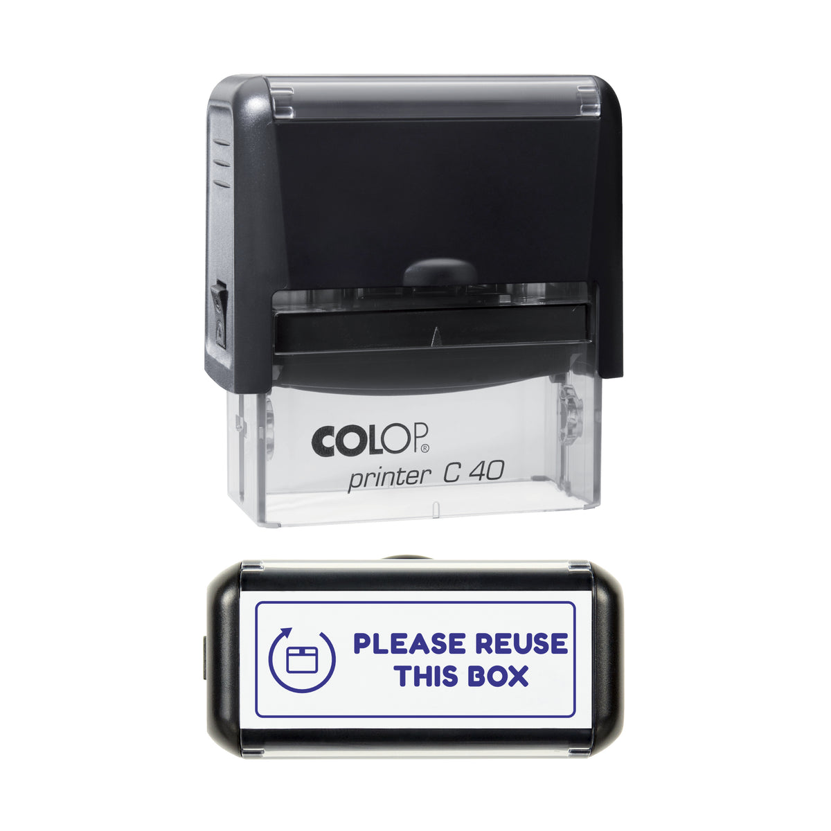 Please Reuse This Box Stamp, COLOP C40, 58 x 22mm, violet ink