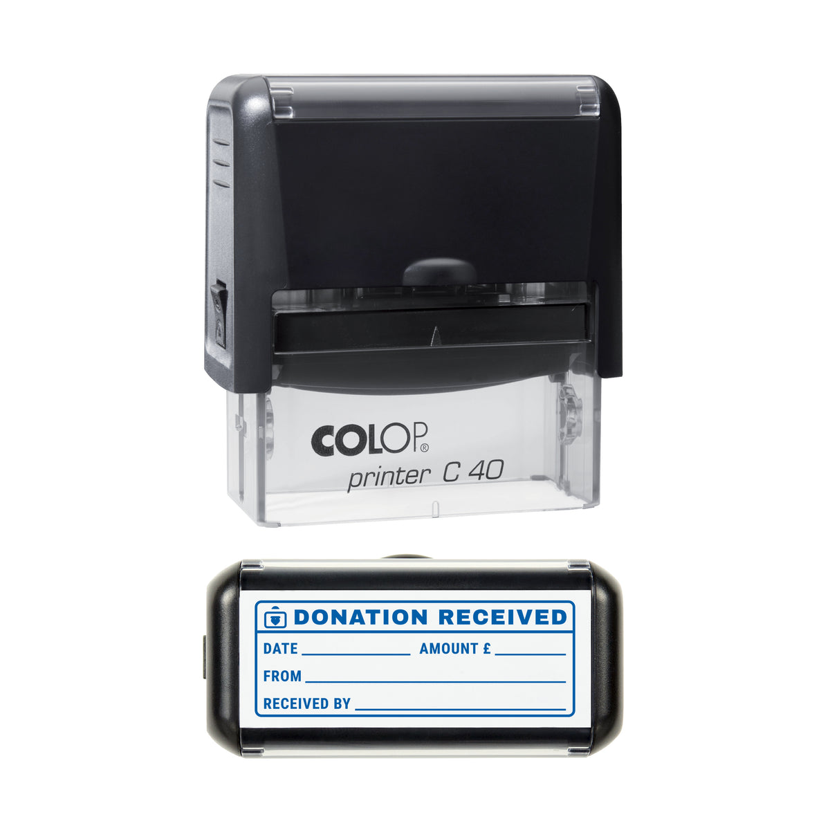 Donation Received Stamp, COLOP C40, 58 x 22mm, blue ink