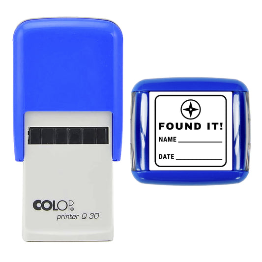 Stamp reading FOUND IT! with name and date lines, 30 x 30mm COLOP Q30 self-inking stamp, black ink