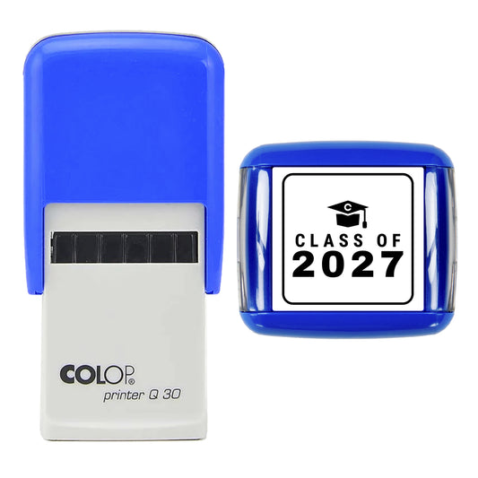 Stamp reading CLASS OF 2027 with graduation cap, 30 x 30mm COLOP Q30 self-inking stamp, black ink