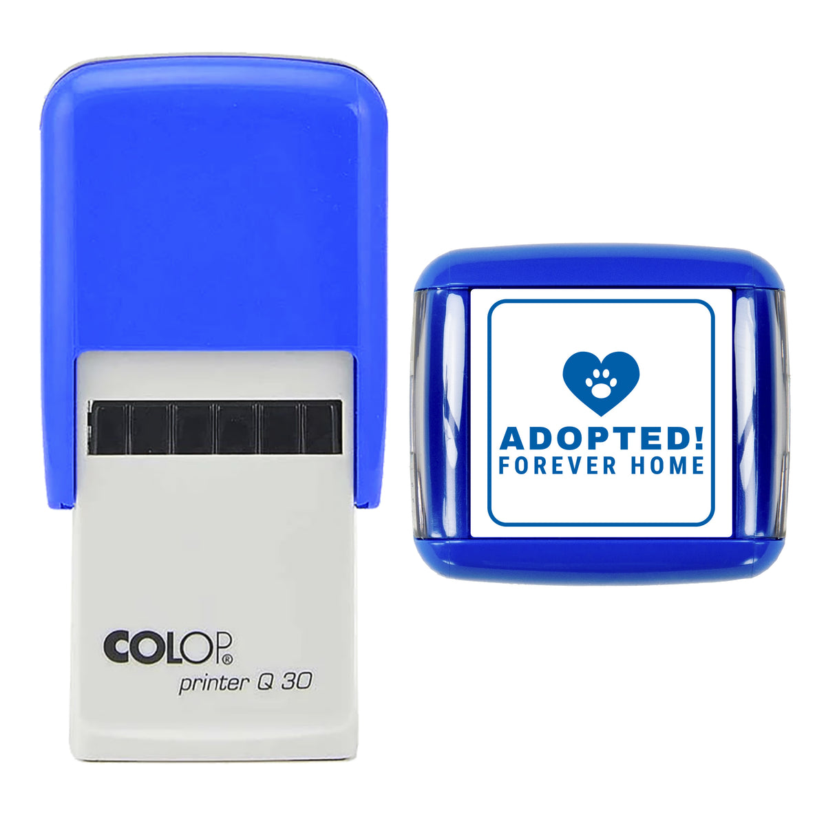 Adopted Forever Home Stamp, COLOP Q30, 30 x 30mm, blue ink