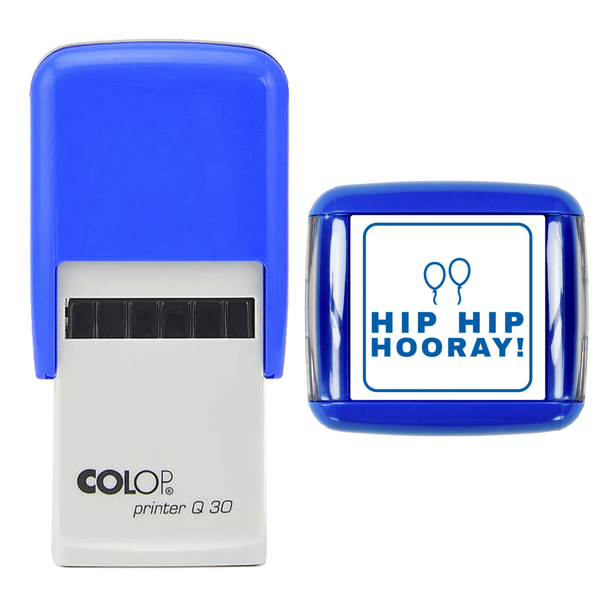 Hip Hip Hooray Celebration Stamp, COLOP Q30, 30 x 30mm, blue ink