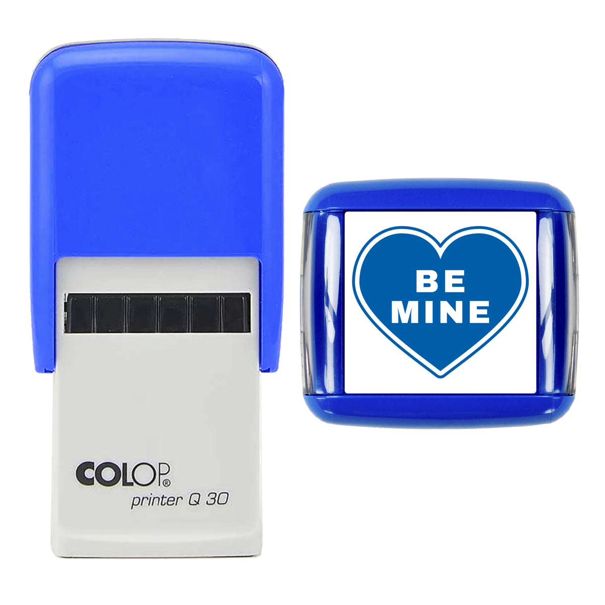 Be Mine Heart Stamp, COLOP Q30, 30 x 30mm, blue ink