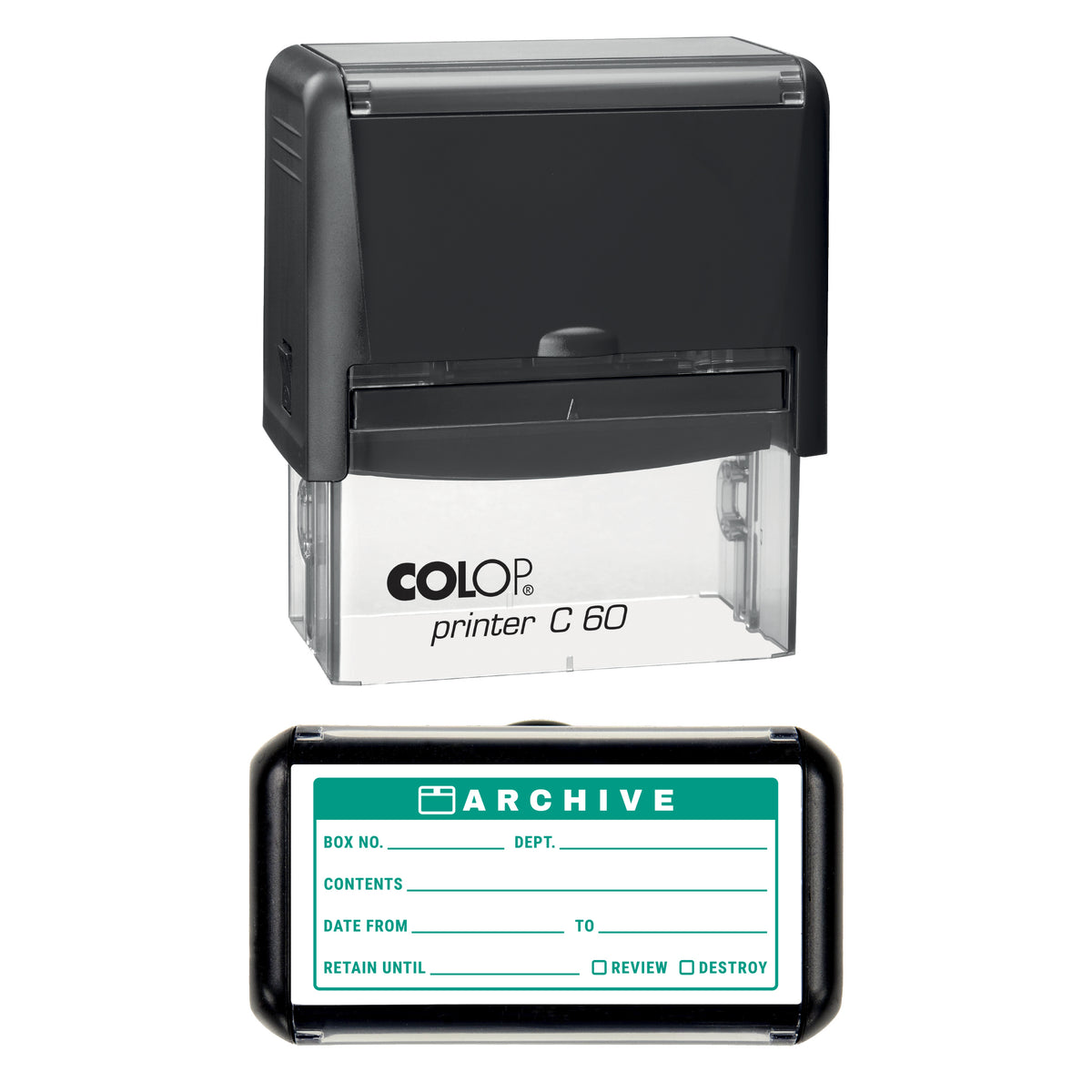 Stamp showing the Archive Box Label design, 77 x 36mm COLOP C60 self-inking stamp, green ink