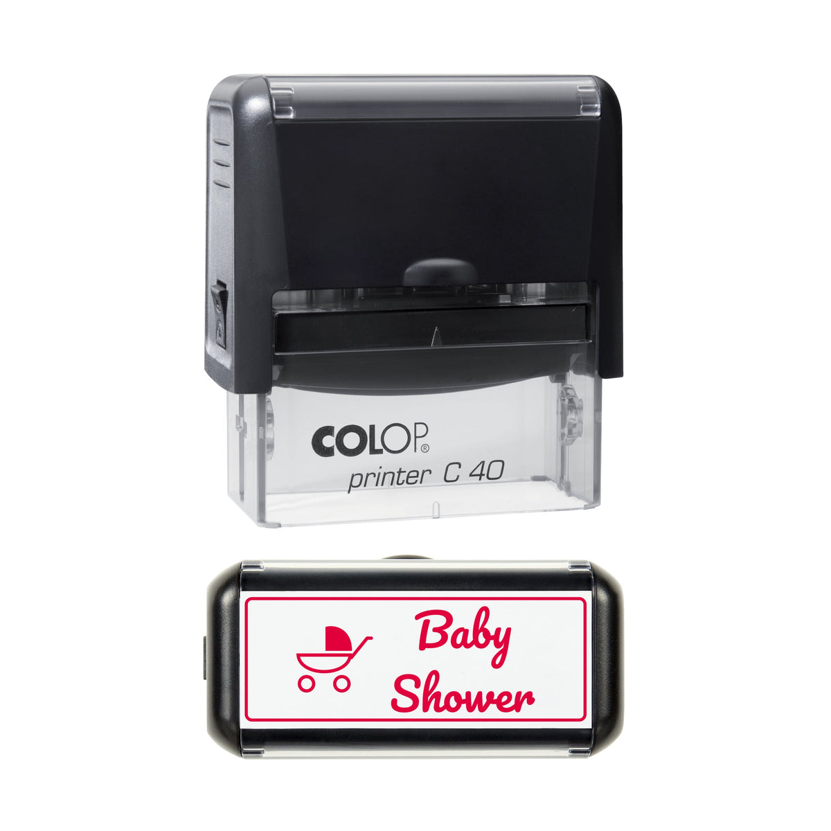 Stamp showing the Baby Shower Pram design, 58 x 22mm COLOP C40 self-inking stamp, red ink