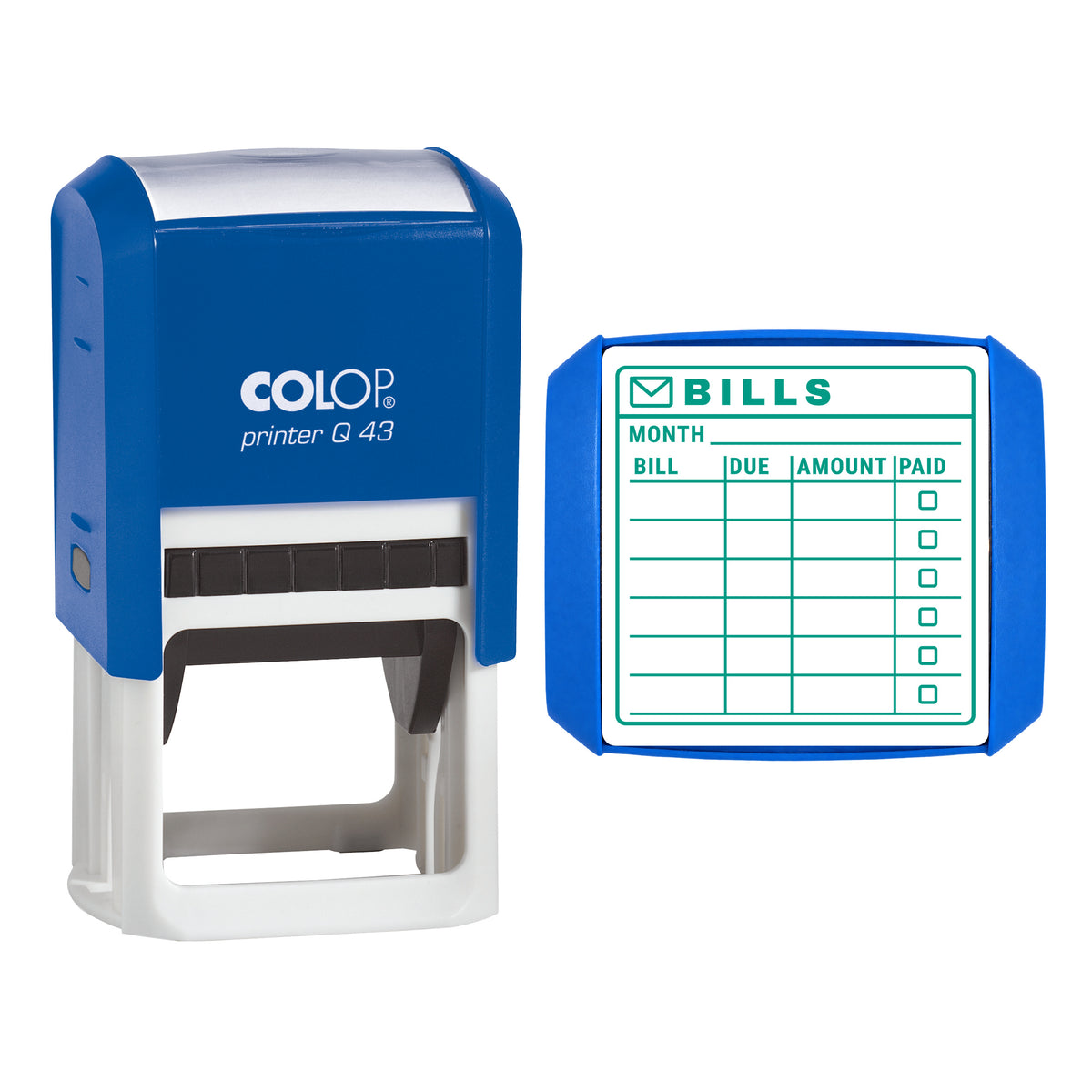 Stamp showing the Monthly Bills Tracker design, 43 x 43mm COLOP Q43 self-inking stamp, green ink