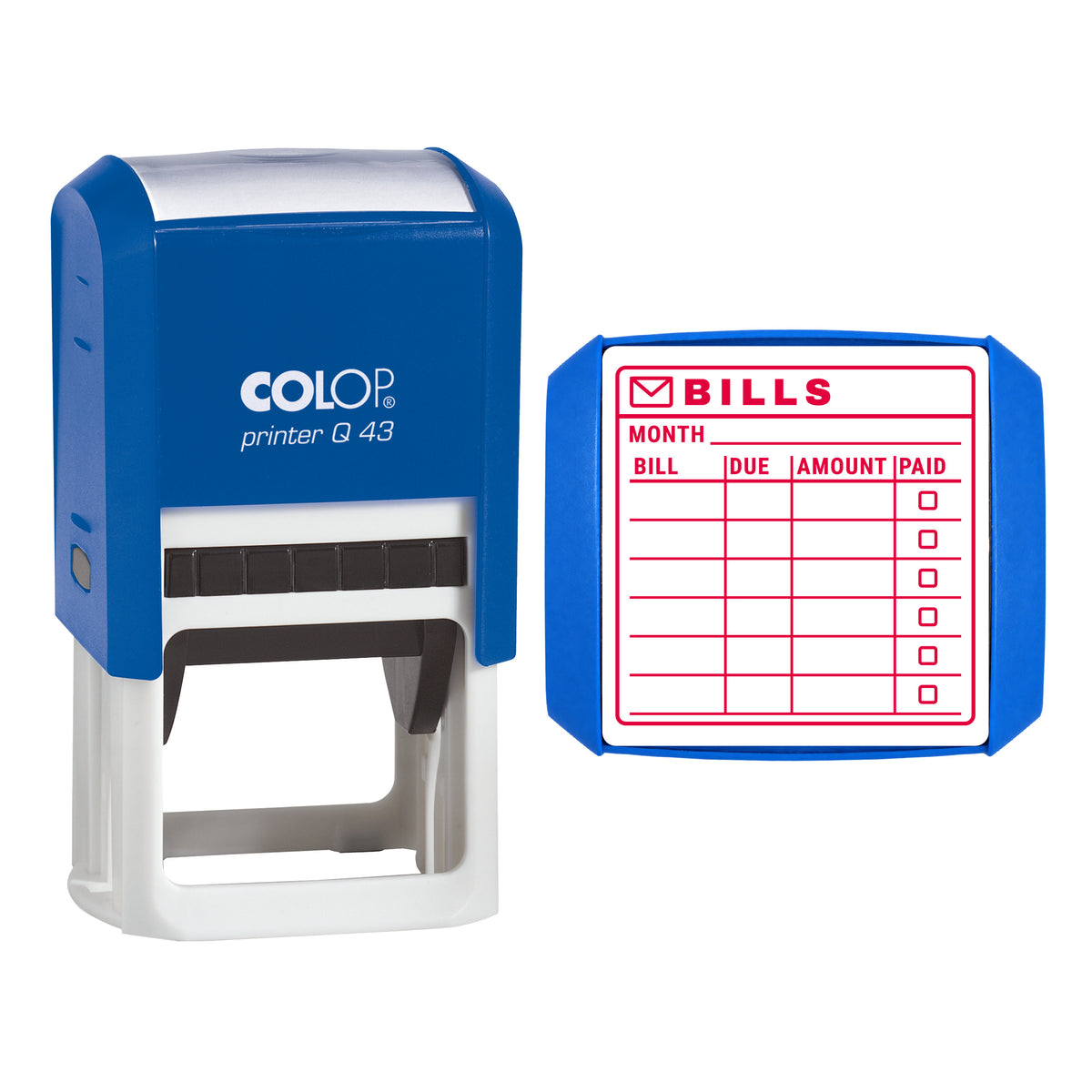 Stamp showing the Monthly Bills Tracker design, 43 x 43mm COLOP Q43 self-inking stamp, red ink