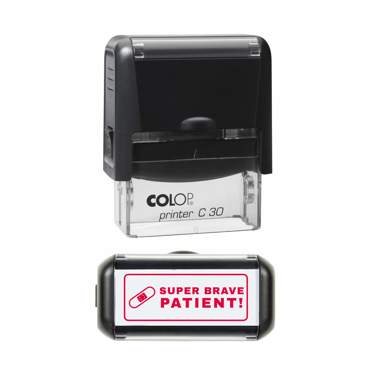 Stamp reading SUPER BRAVE PATIENT! with plaster, 45 x 18mm COLOP C30 self-inking stamp, red ink