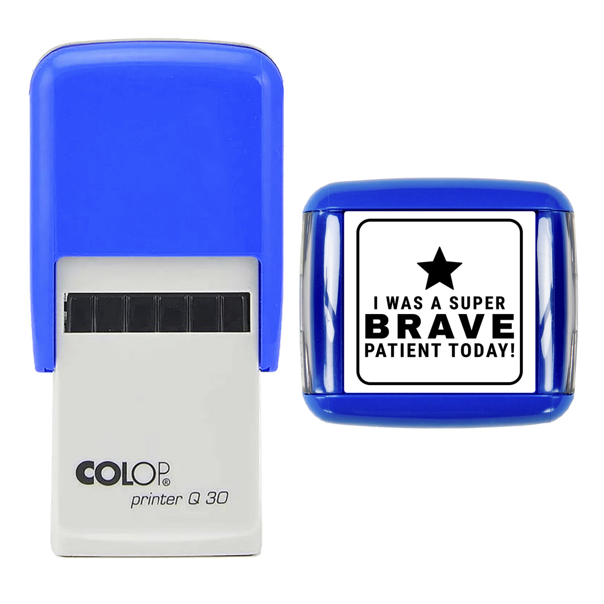 Stamp reading I WAS A SUPER BRAVE PATIENT TODAY! with star, 30 x 30mm COLOP Q30 self-inking stamp, black ink