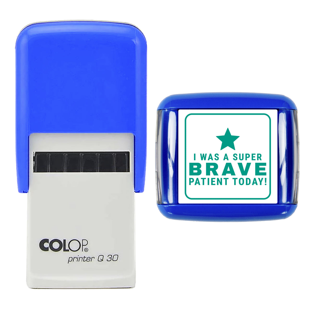 Stamp reading I WAS A SUPER BRAVE PATIENT TODAY! with star, 30 x 30mm COLOP Q30 self-inking stamp, green ink
