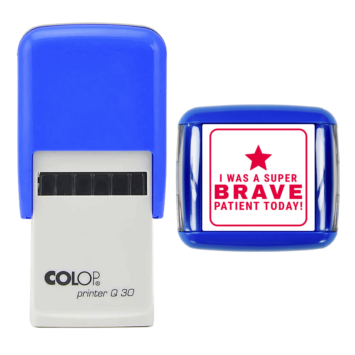 Stamp reading I WAS A SUPER BRAVE PATIENT TODAY! with star, 30 x 30mm COLOP Q30 self-inking stamp, red ink