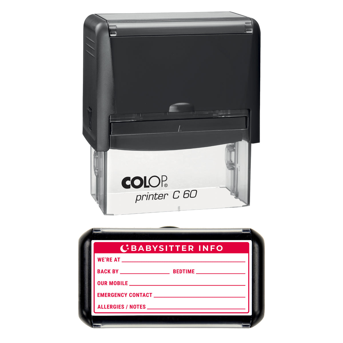 Babysitter Information Stamp, COLOP C60, 77 x 36mm, red ink