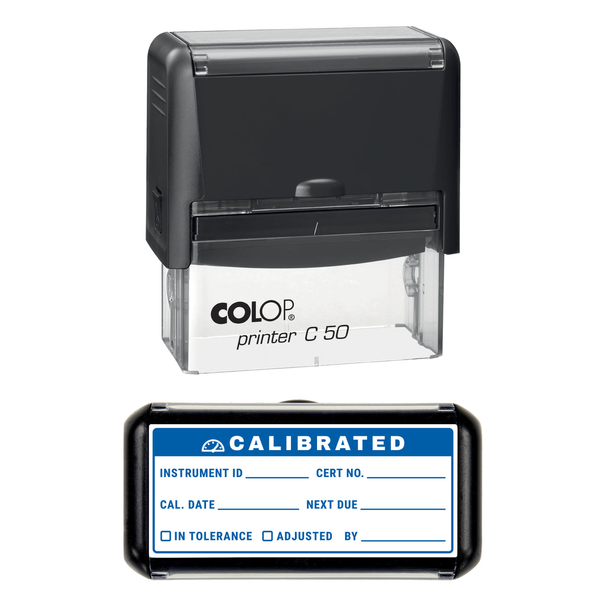 Calibrated Equipment Record Stamp, COLOP C50, 70 x 30mm, blue ink