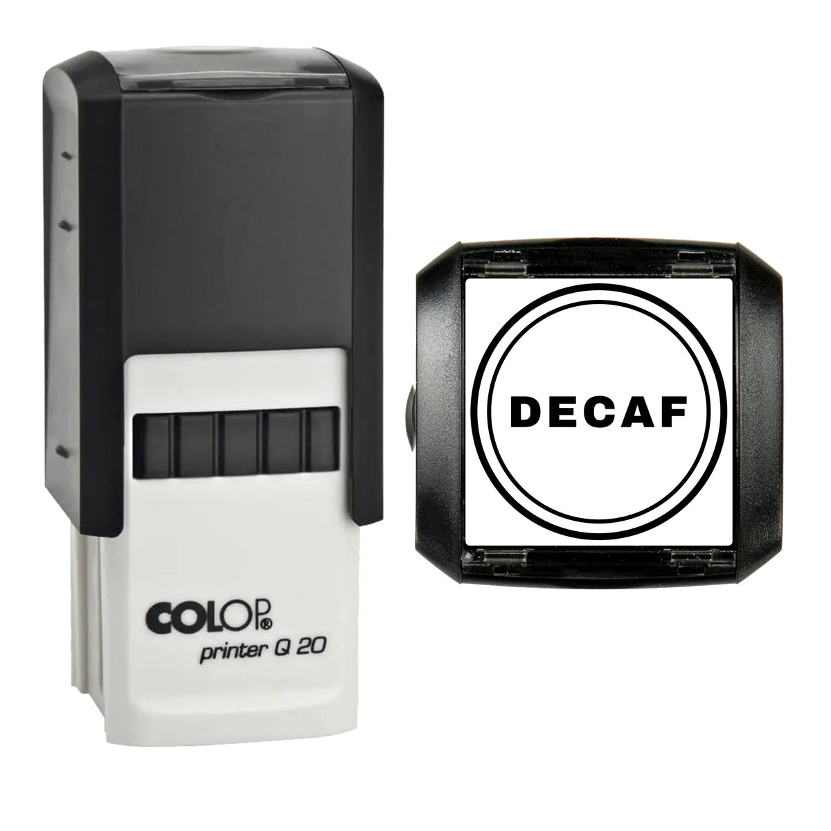 Decaf Coffee Label Stamp, COLOP Q20, 20 x 20mm, black ink