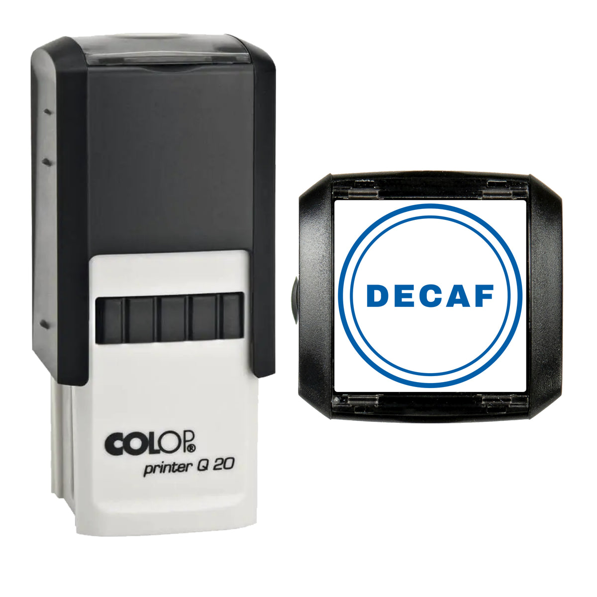 Decaf Coffee Label Stamp, COLOP Q20, 20 x 20mm, blue ink