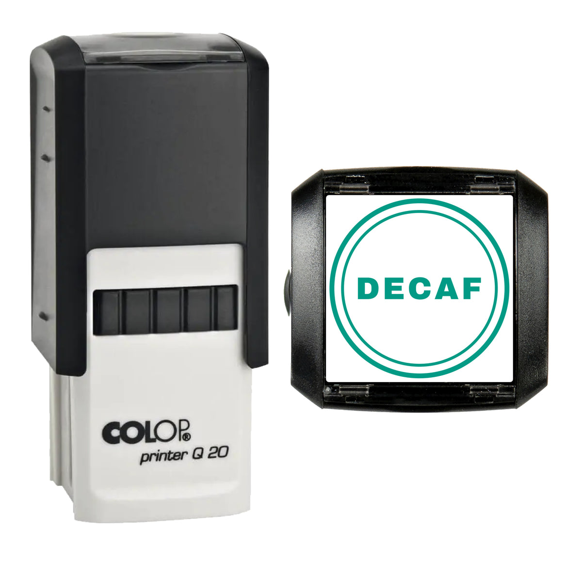 Decaf Coffee Label Stamp, COLOP Q20, 20 x 20mm, green ink