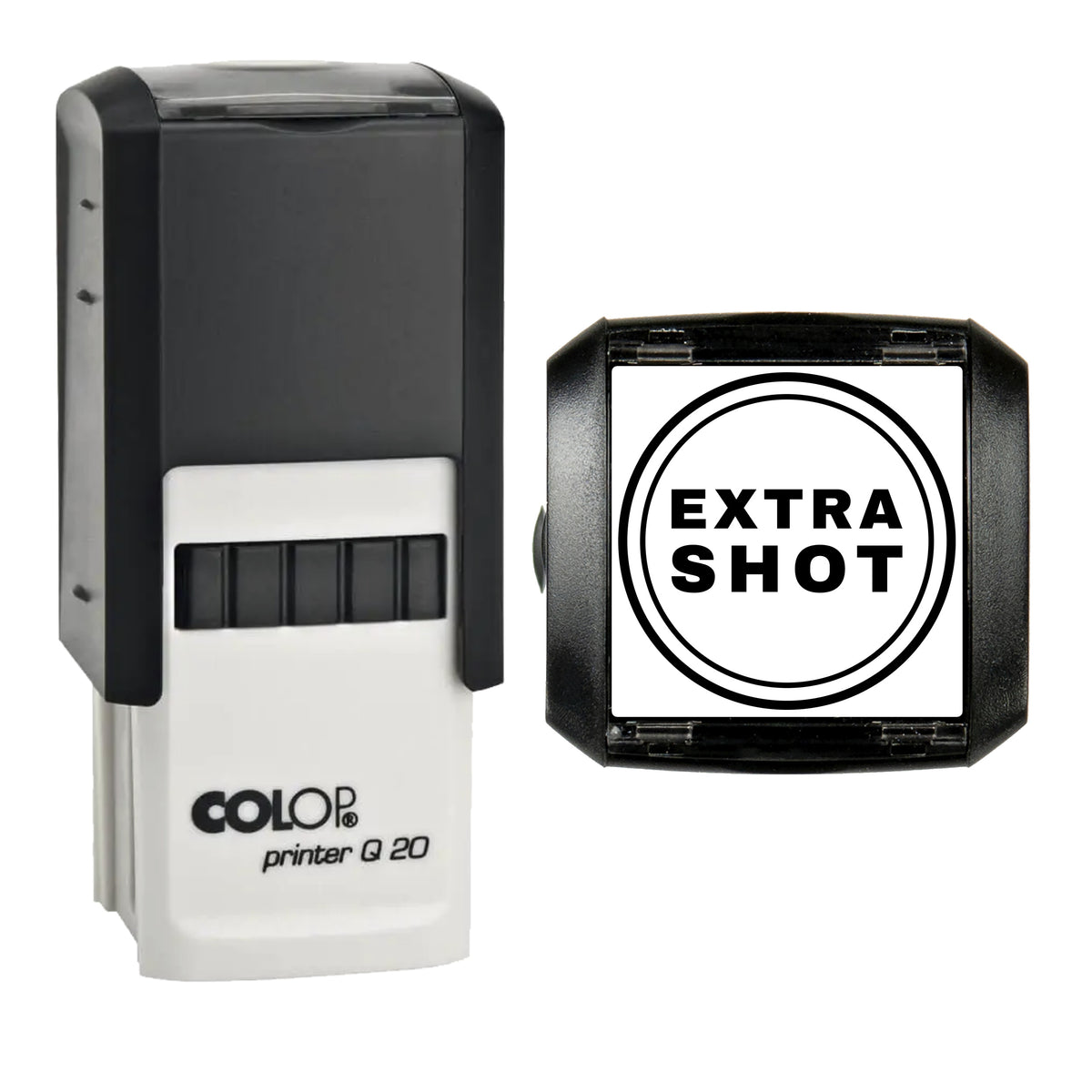 Extra Shot Coffee Label Stamp, COLOP Q20, 20 x 20mm, black ink