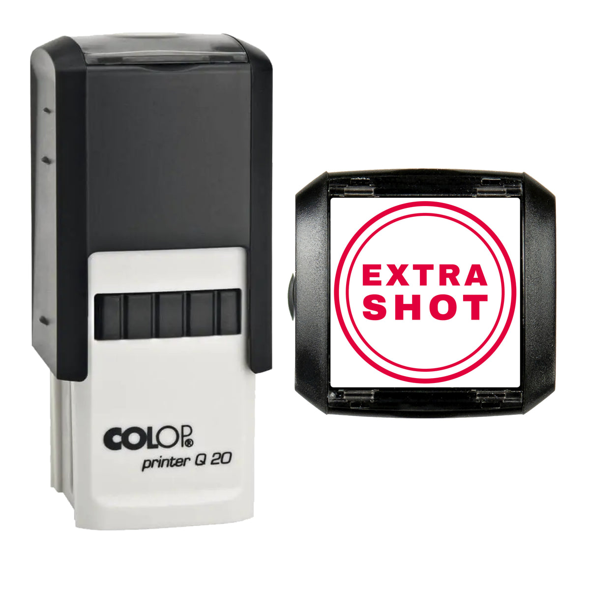 Extra Shot Coffee Label Stamp, COLOP Q20, 20 x 20mm, red ink