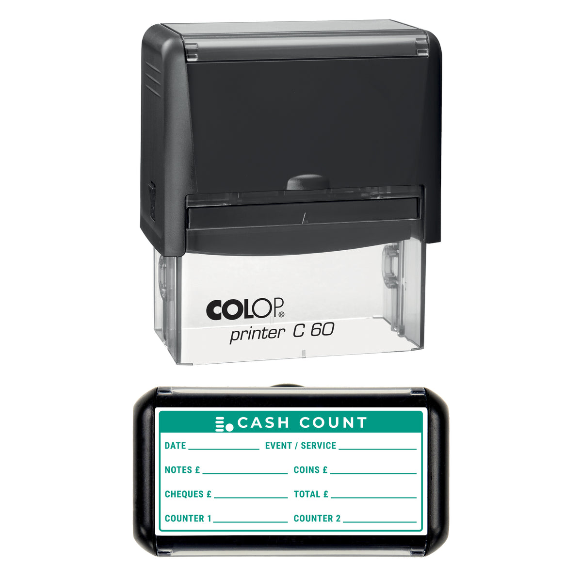 Cash Count Accounts Record Stamp, COLOP C60, 77 x 36mm, green ink