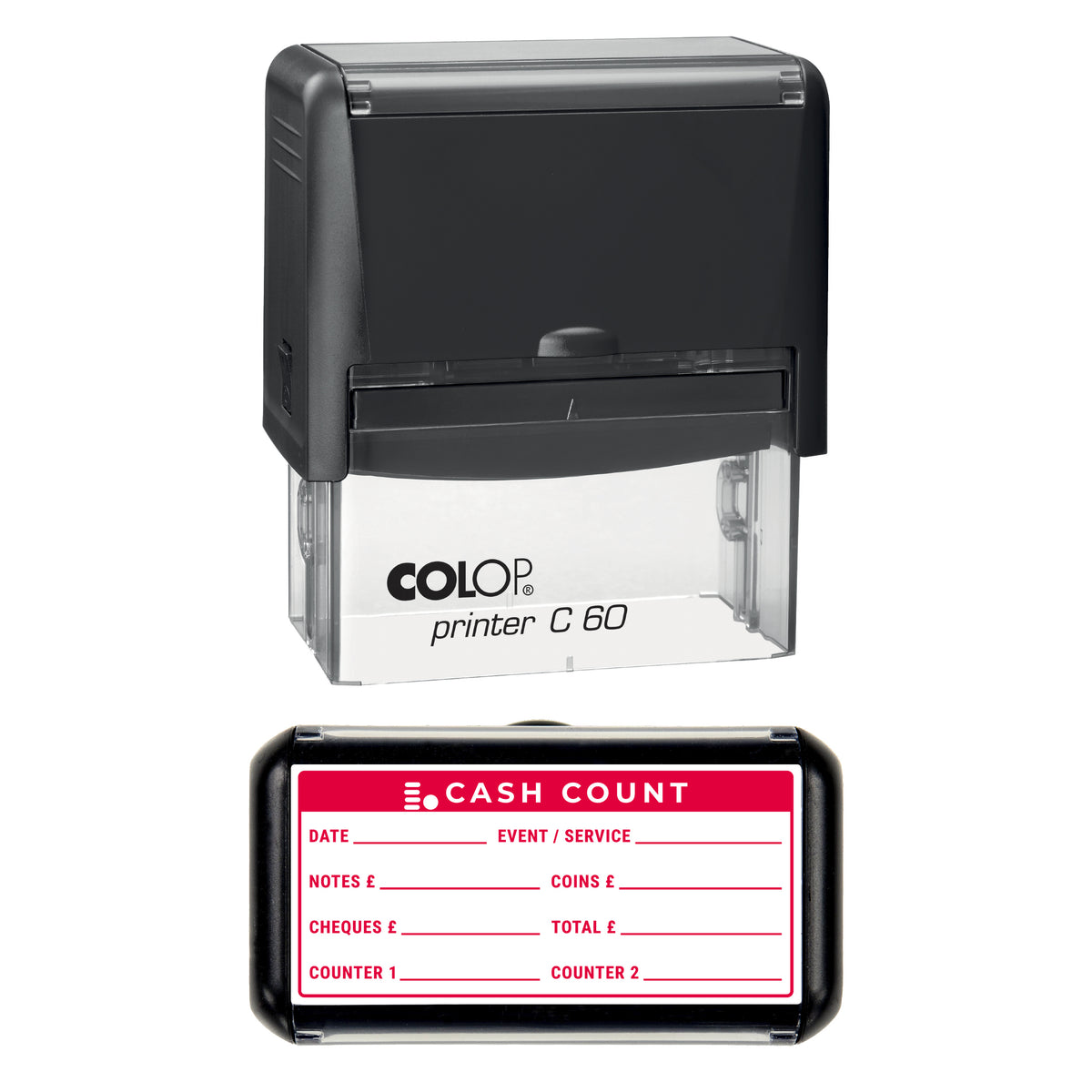 Cash Count Accounts Record Stamp, COLOP C60, 77 x 36mm, red ink