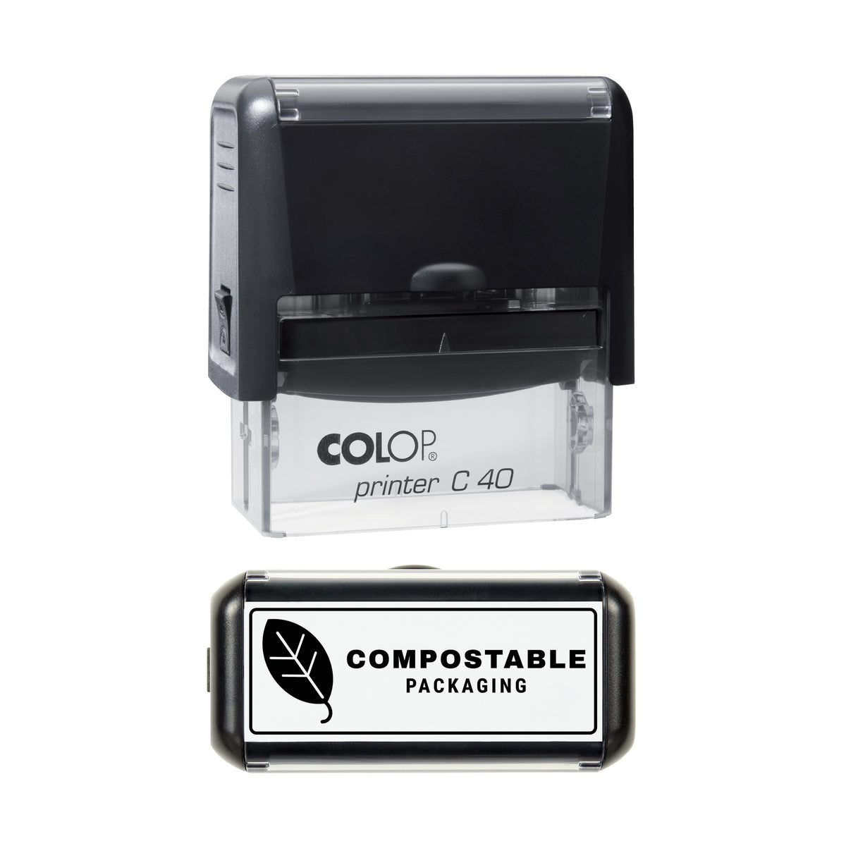 Compostable Packaging Leaf Stamp, COLOP C40, 58 x 22mm, black ink