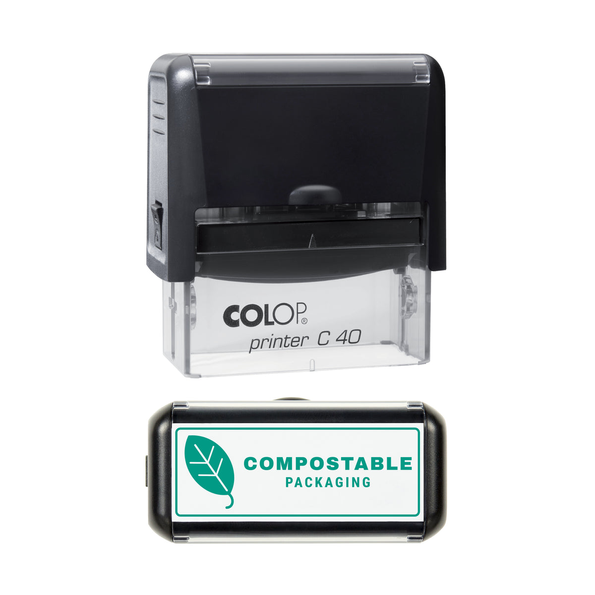 Compostable Packaging Leaf Stamp, COLOP C40, 58 x 22mm, green ink