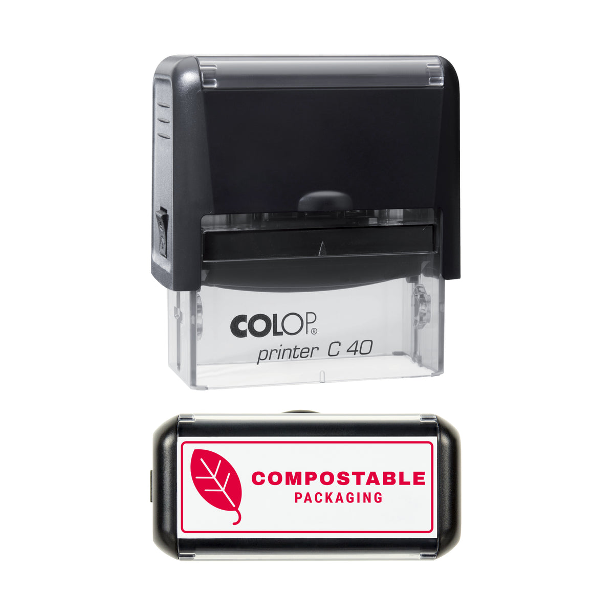 Compostable Packaging Leaf Stamp, COLOP C40, 58 x 22mm, red ink