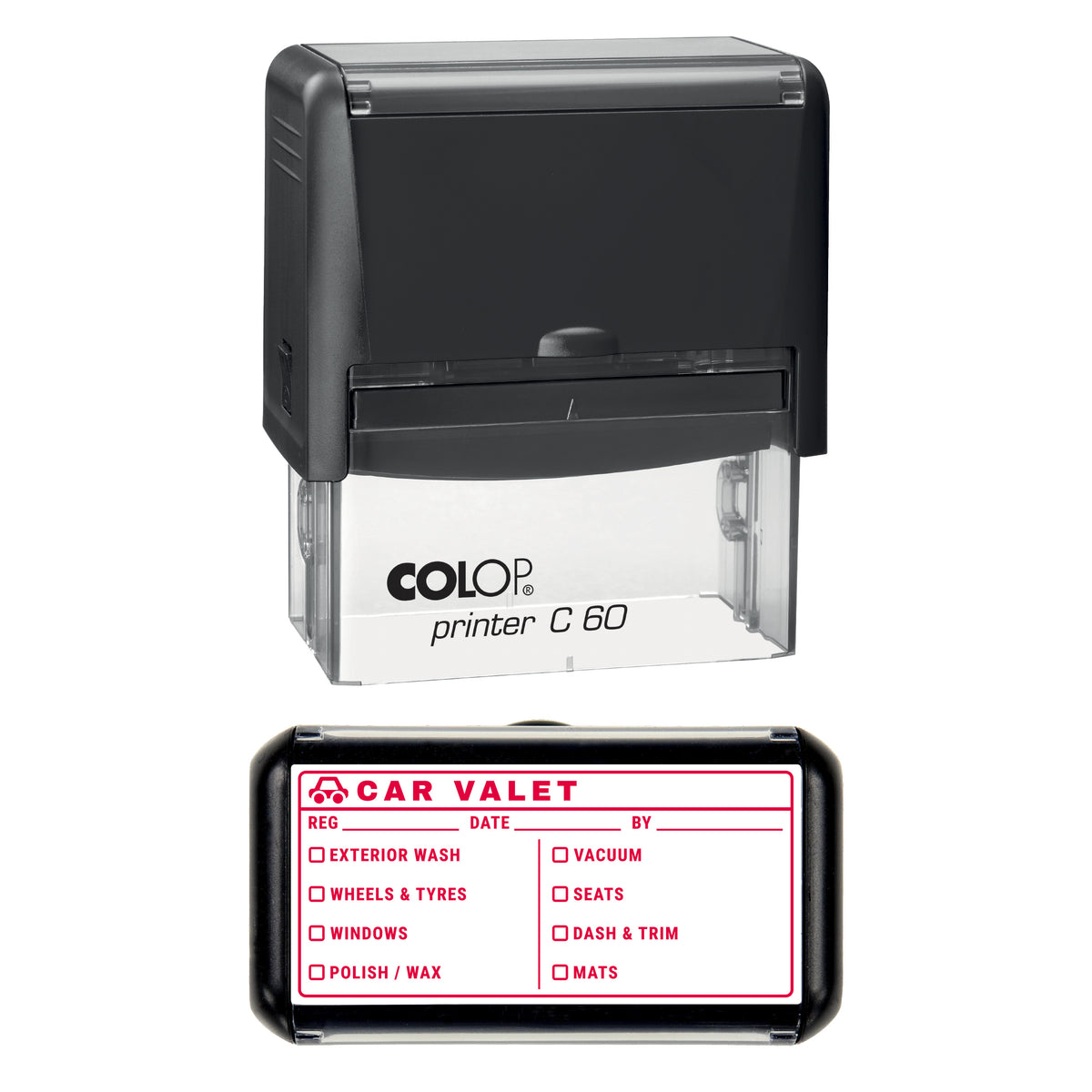 Car Valet Service Checklist Stamp, COLOP C60, 77 x 36mm, red ink